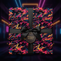 Stylish abstract wrapping paper featuring black ribbon on a gift box, perfect for any occasion.