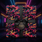 Stylish abstract wrapping paper featuring black ribbon on a gift box, perfect for any occasion.