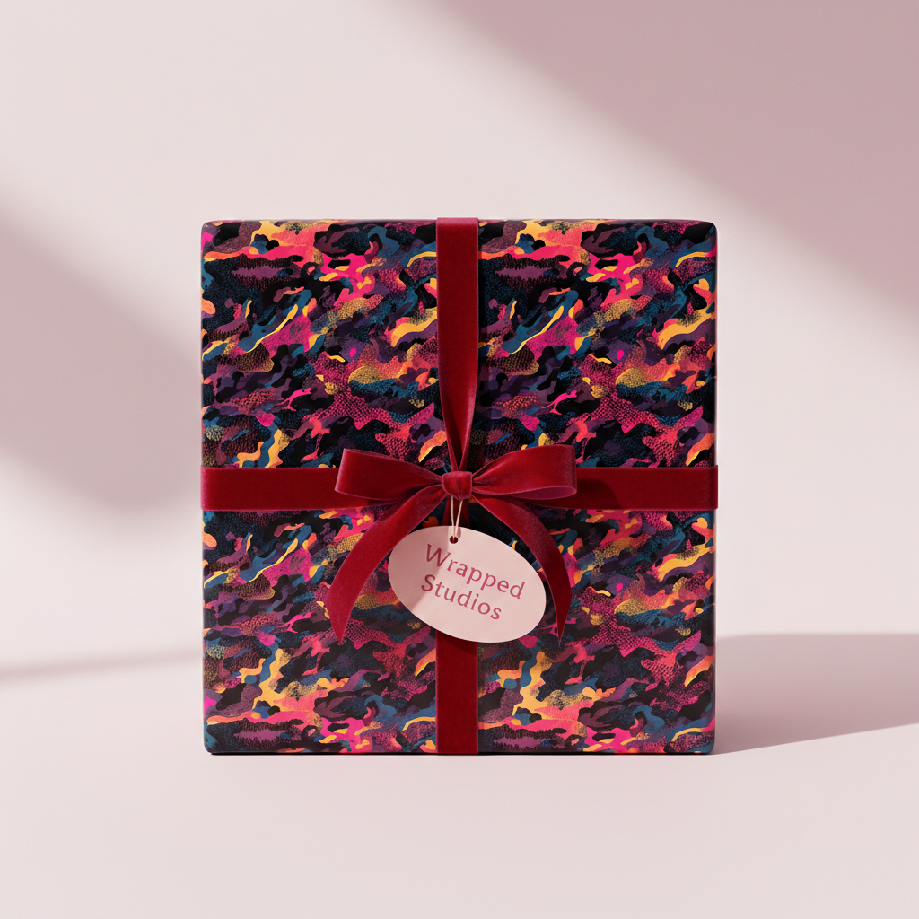 Modern gift wrapped in abstract print wrapping paper with a red velvet ribbon and gift tag.
