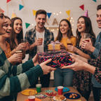 Friends exchanging gifts wrapped in colorful abstract birthday wrapping paper at party.