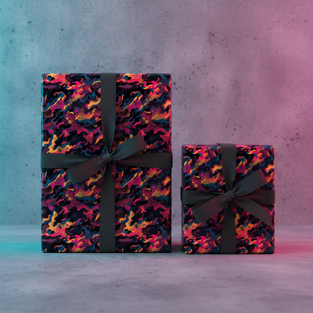 Modern gift boxes wrapped in vibrant, abstract print wrapping paper with charcoal ribbon.