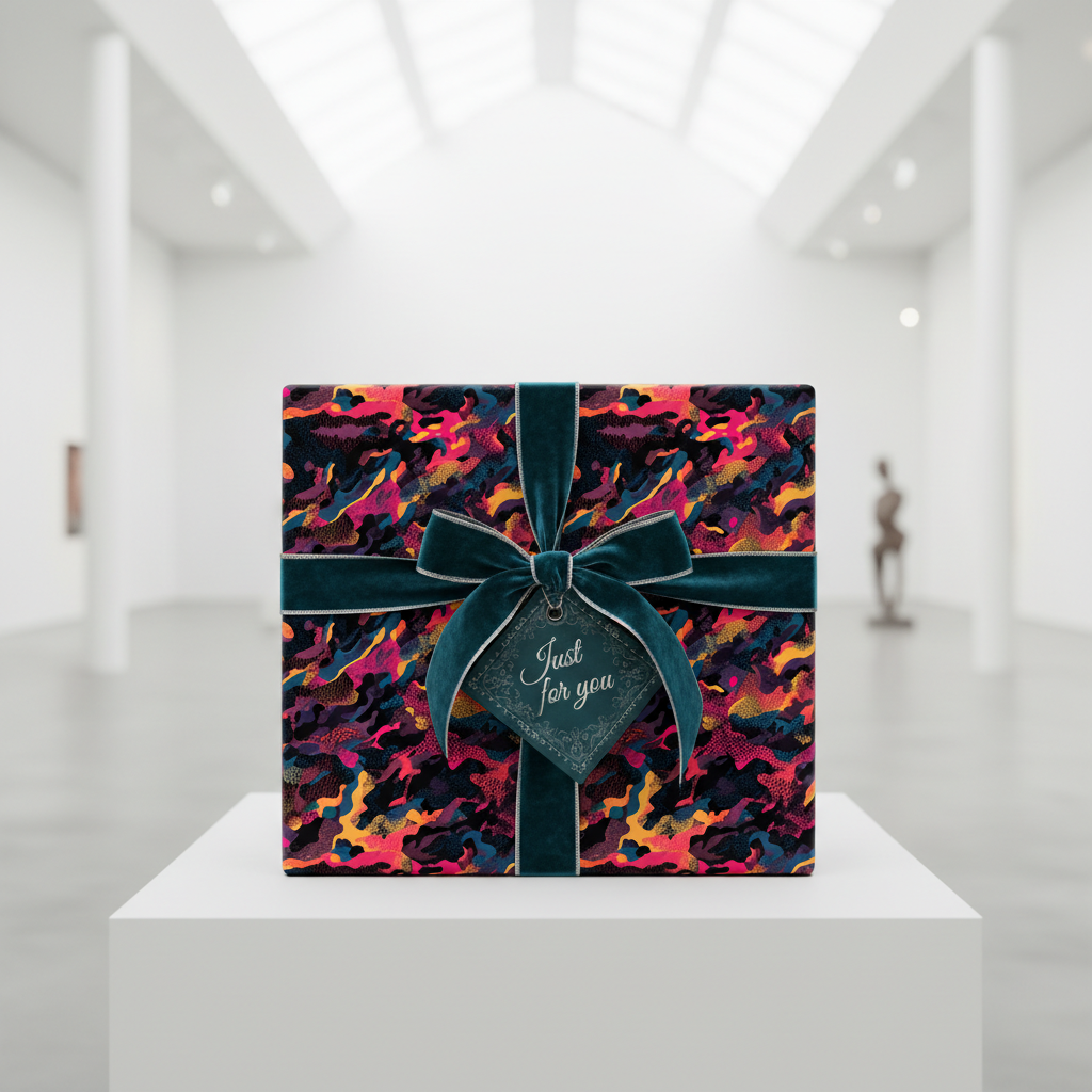 Modern gift box with colorful abstract wrapping paper, teal velvet bow, and "Just for you" tag.