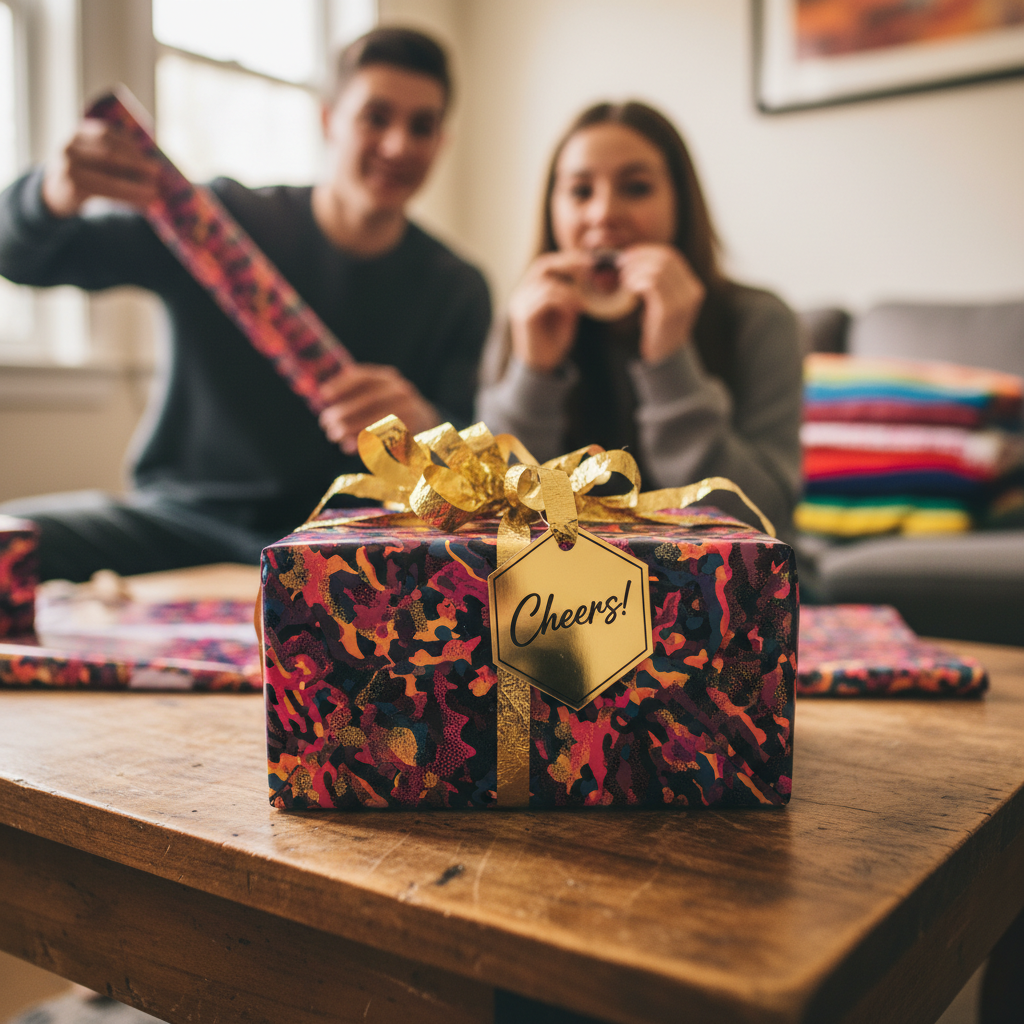 Celebration with trendy gift wrap featuring a gold bow and "Cheers!" tag, with people wrapping presents in the background.