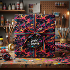 Vibrant camo birthday wrapping paper with colorful ribbons and "Joyful Surprise" gift tag in artist's studio.