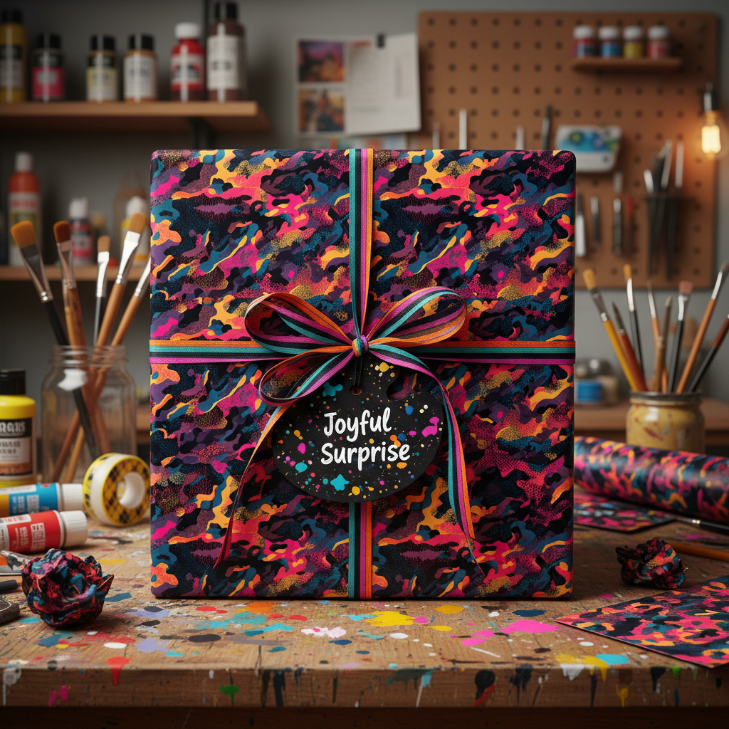 Vibrant camo birthday wrapping paper with colorful ribbons and "Joyful Surprise" gift tag in artist's studio.