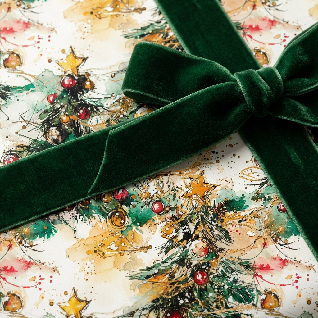 Christmas gift box wrapped in watercolor tree paper with dark green velvet ribbon.