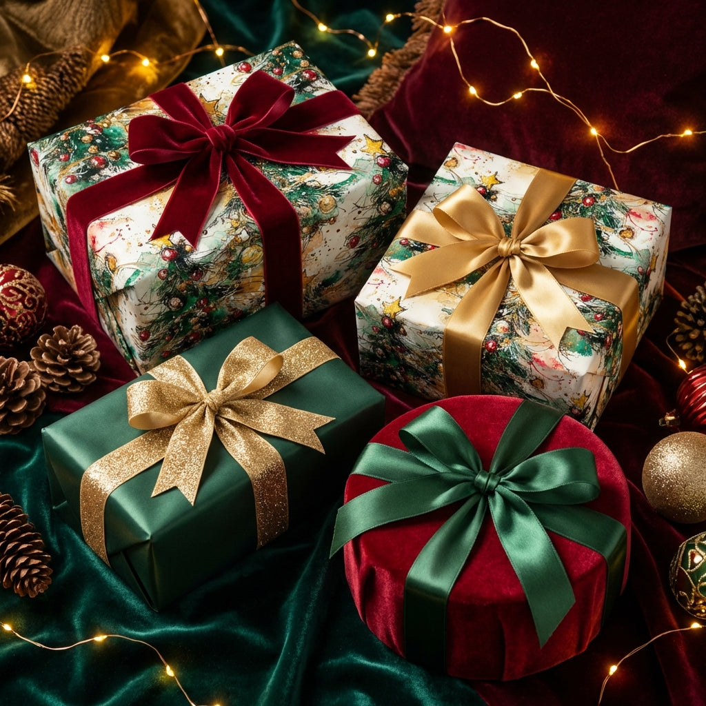 Elegant Christmas gift wrap with watercolor tree pattern and velvet ribbons from Wrapped Studios.