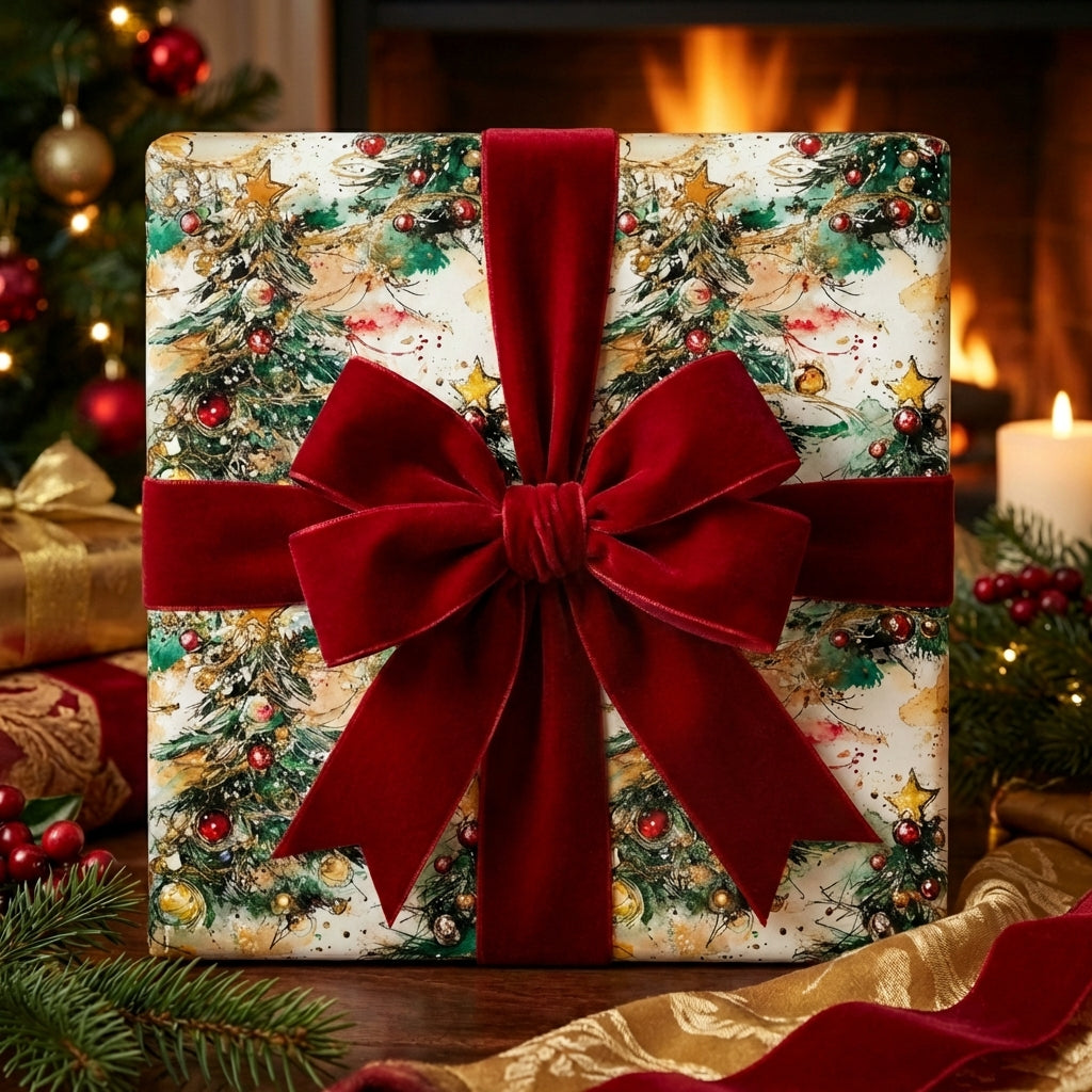 Elegant Christmas gift wrapped in watercolor tree paper with velvet ribbon bow.