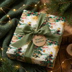 Watercolor Christmas tree gift wrap with olive ribbon and "Warm Wishes" tag.