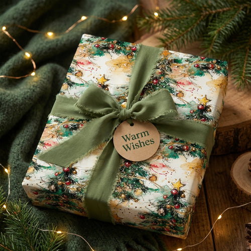 Watercolor Christmas tree gift wrap with olive ribbon and "Warm Wishes" tag.