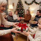 Family exchanging gifts wrapped in holiday wrapping paper with red velvet bows.
