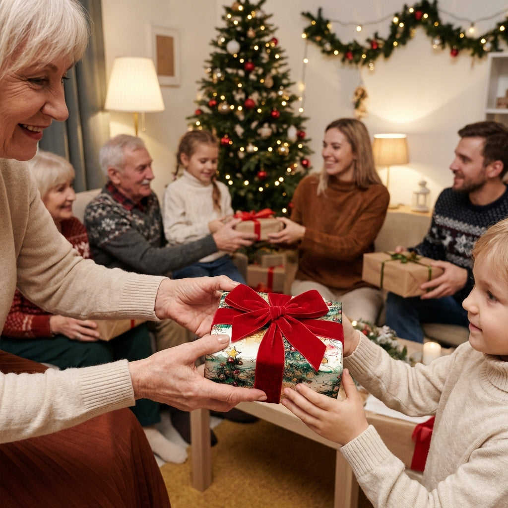 Family exchanging gifts wrapped in holiday wrapping paper with red velvet bows.