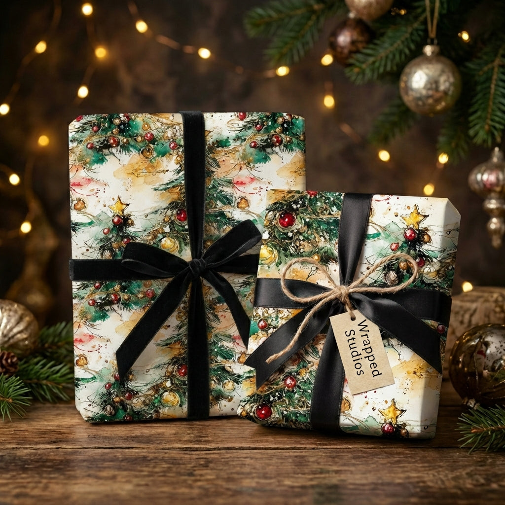 Christmas gift wrap, Wrapped Studios watercolor tree design with black velvet ribbon and ornaments.