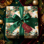 Elegant Christmas gift wrapped in watercolor tree print paper with a satin emerald bow and "Noel" tag.