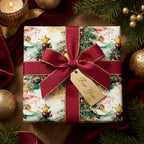 Elegant Christmas gift wrapped in watercolor tree paper with a crimson ribbon and a 'For You' tag.