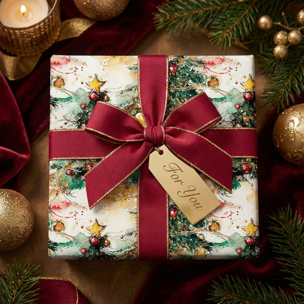 Elegant Christmas gift wrapped in watercolor tree paper with a crimson ribbon and a 'For You' tag.