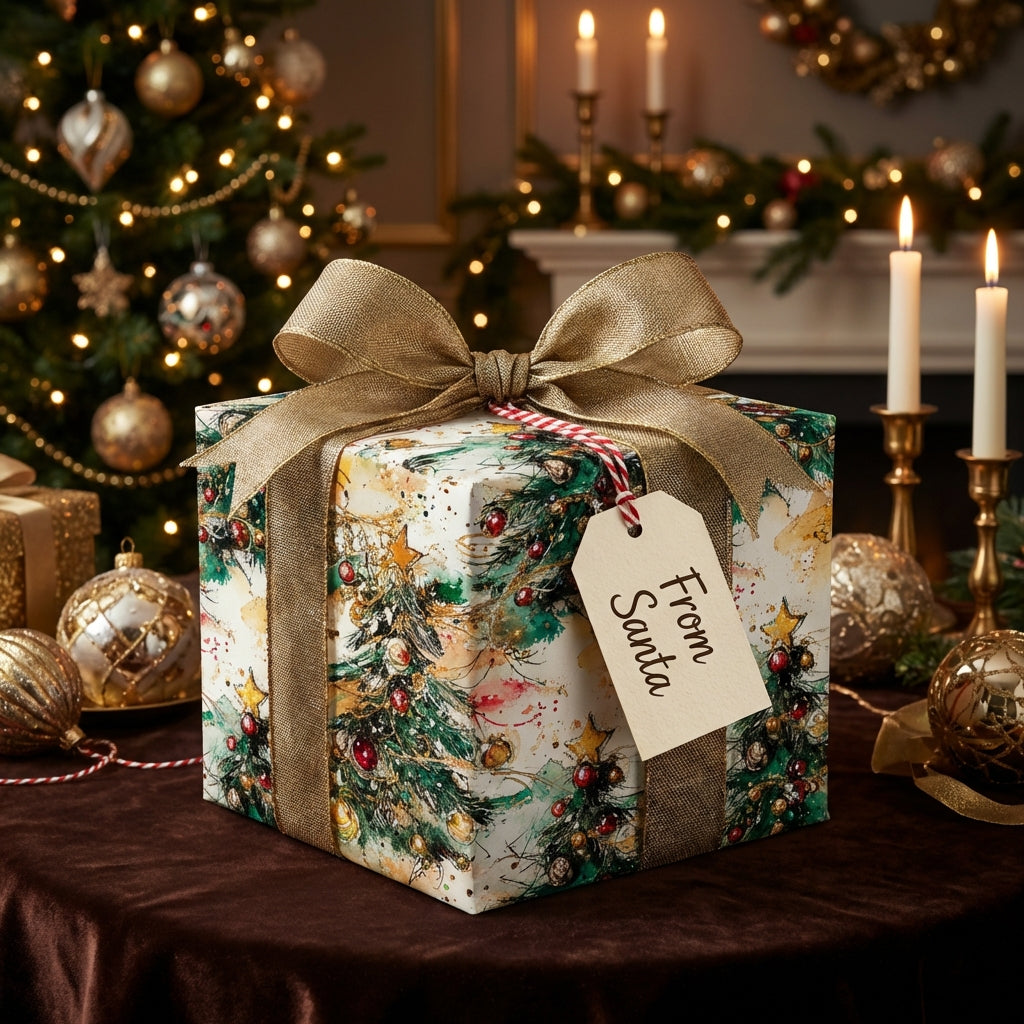 Elegant Christmas gift with tree print wrapping paper and a burlap ribbon.