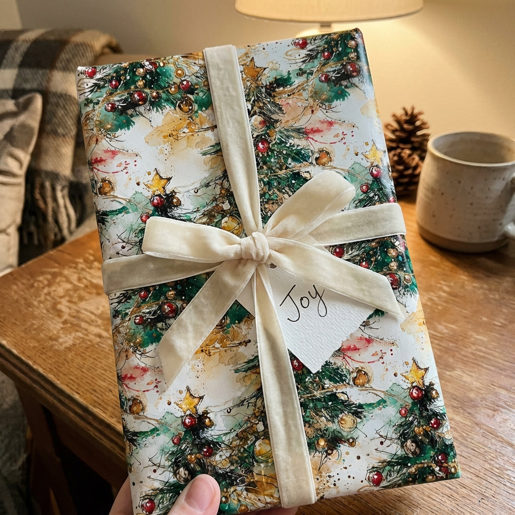 Elegant Christmas gift wrap with watercolor trees, gold ornaments, and a velvet ribbon.