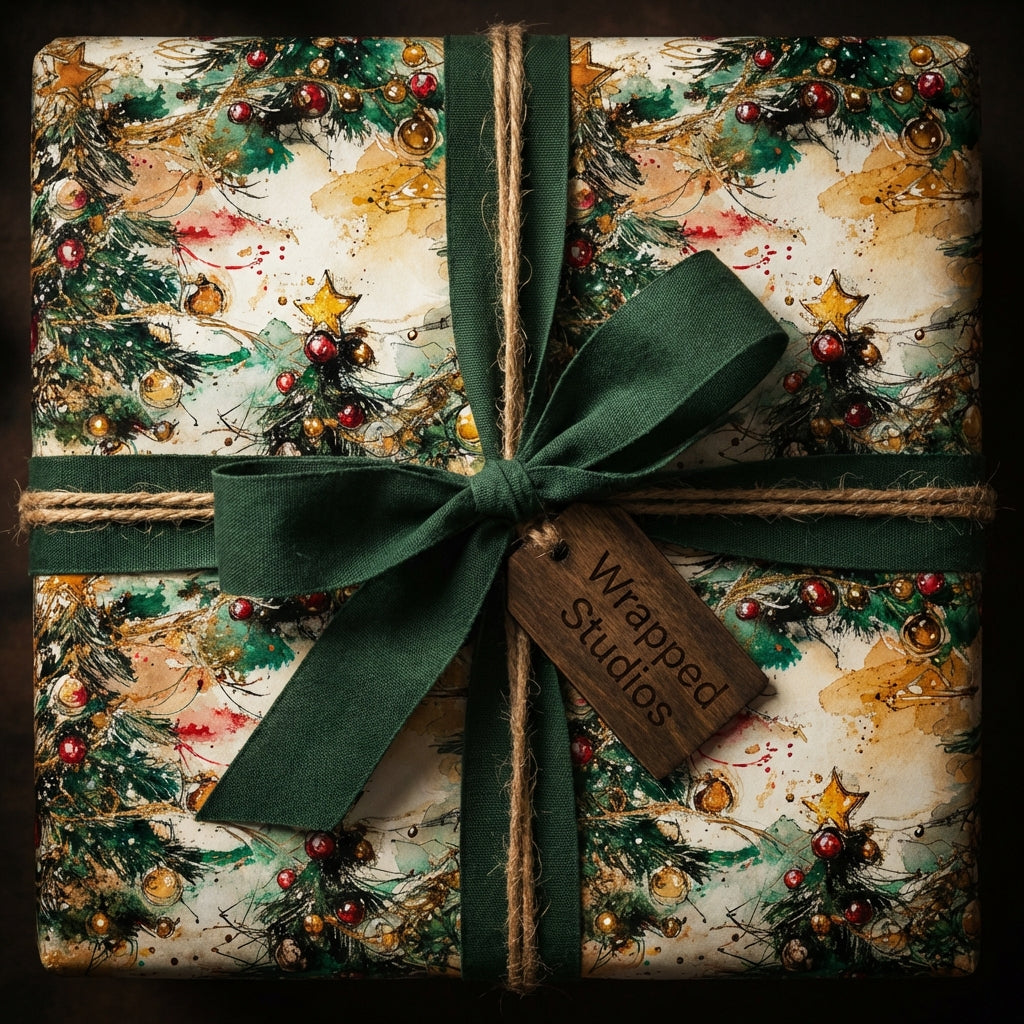 Wrapped Studios Christmas gift wrap: watercolor Christmas tree pattern with green ribbon.