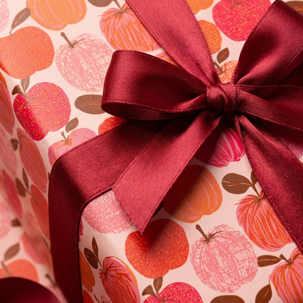 Fall pumpkin wrapping paper with a burgundy satin ribbon by Wrapped Studios.