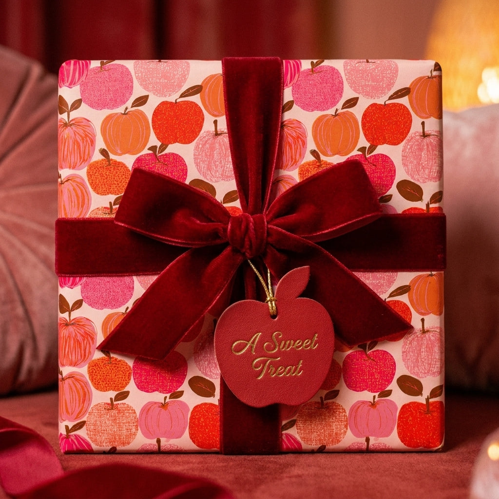 Cute apple pattern wrapping paper with a red velvet bow and gift tag by Wrapped Studios.