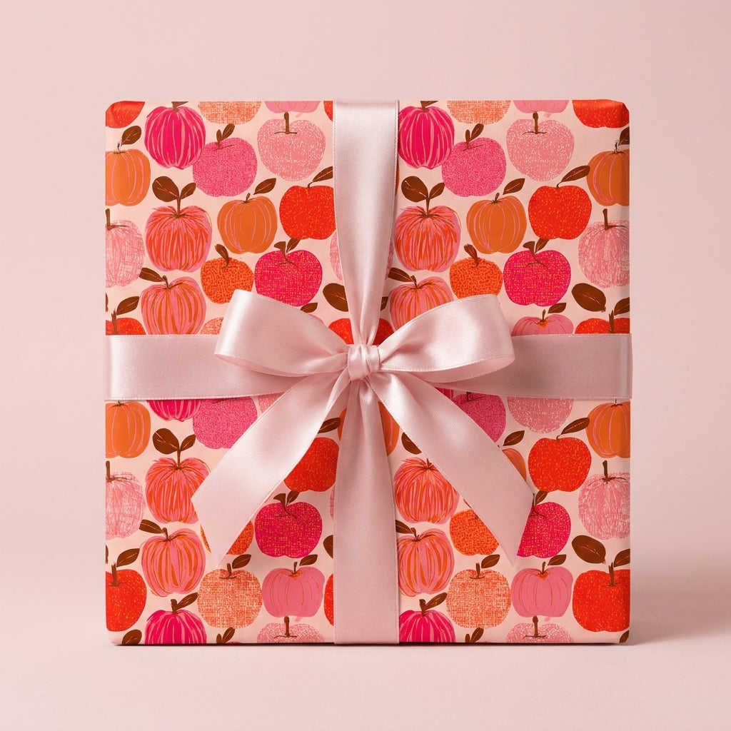 Cute pink apple wrapping paper with a satin ribbon bow, playful birthday gift wrap by Wrapped Studios.