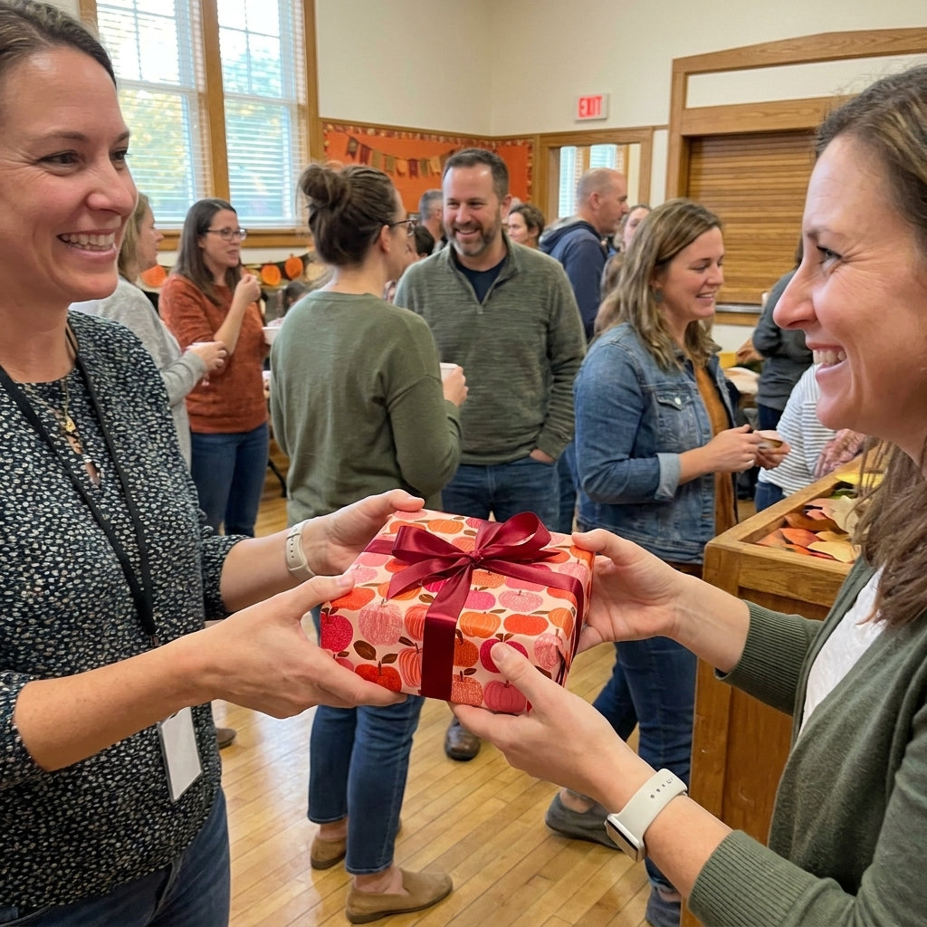 Two women exchange a gift in autumn apple wrapping paper with red ribbon, by Wrapped Studios.