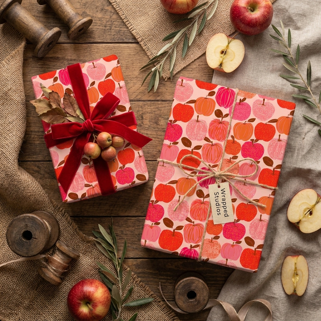 Rustic fall apple wrapping paper by Wrapped Studios on gifts with a red velvet bow and twine.