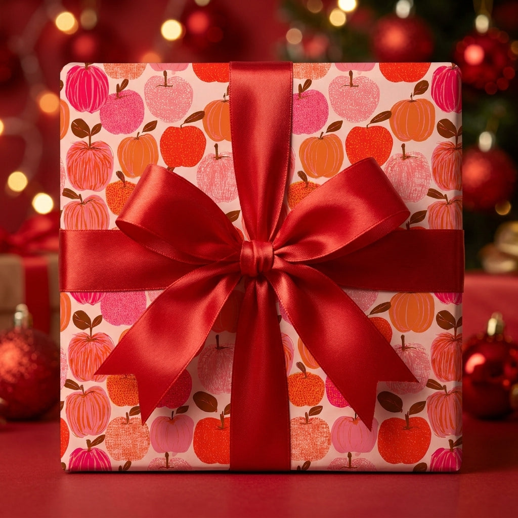 Red and pink apple pattern Christmas gift wrap with a satin ribbon bow by Wrapped Studios.