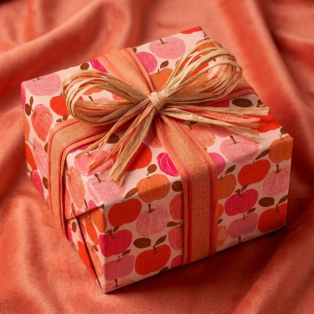 Apple wrapping paper with pink and orange fruit on a gift box with a raffia bow by Wrapped Studios.