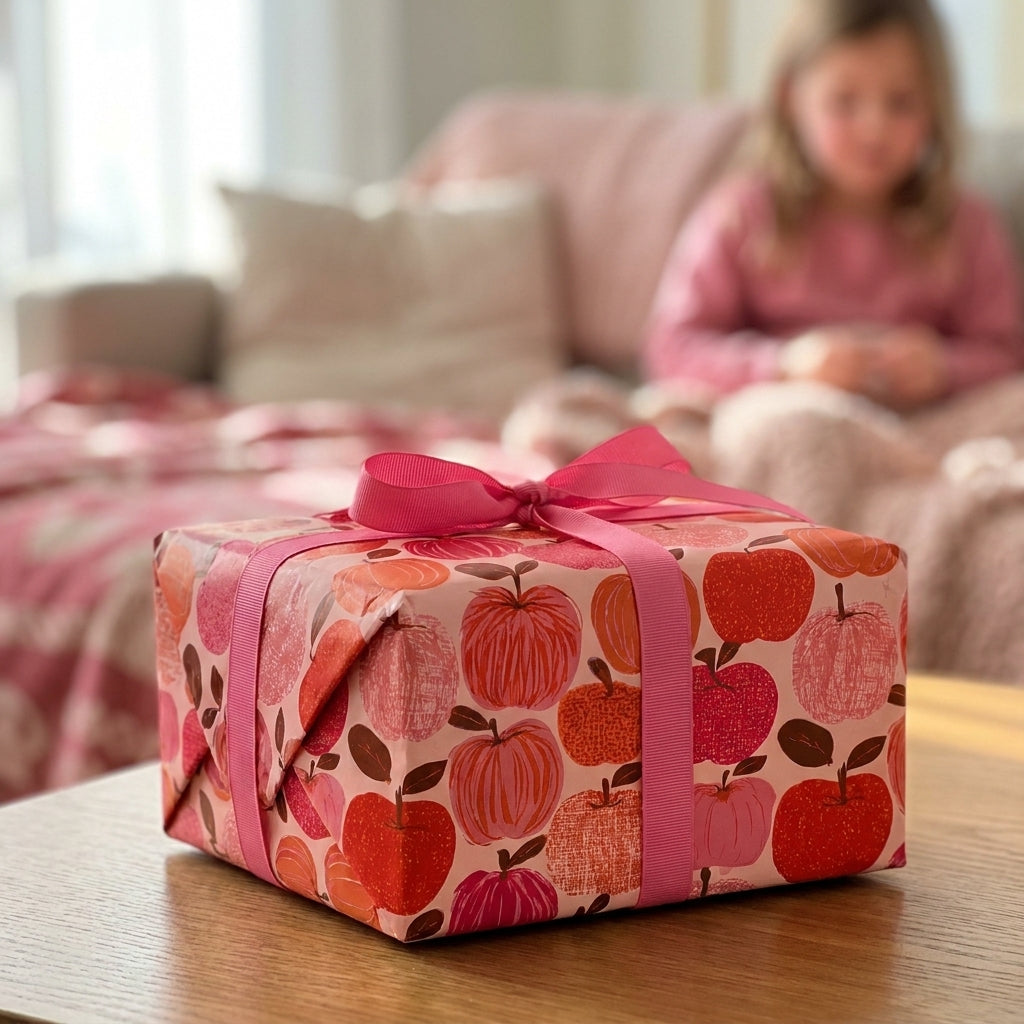 Pink apple wrapping paper with a grosgrain ribbon bow on a gift box by Wrapped Studios.