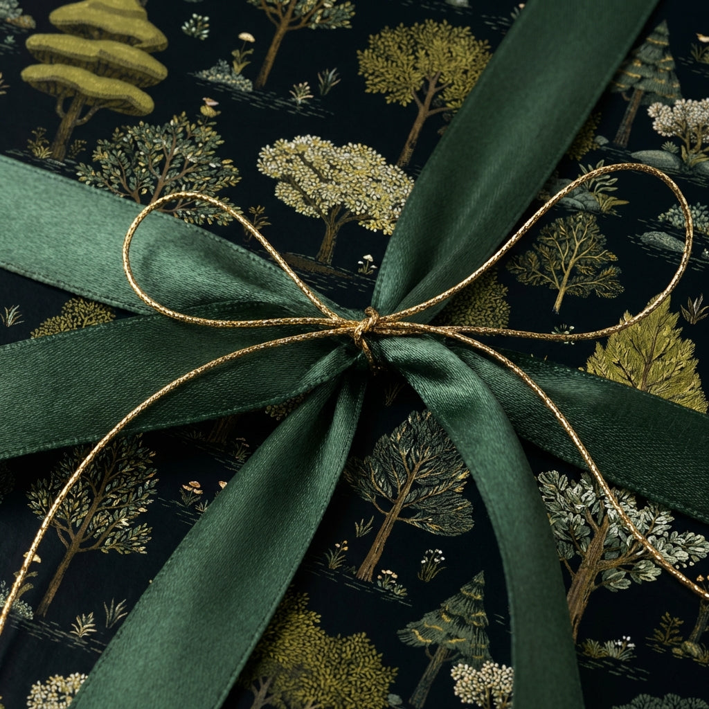 Close-up of a gift wrapped in elegant forest-themed wrapping paper with a dark green satin ribbon.
