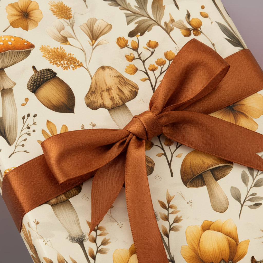 Elegant gift wrapped in mushroom & floral wrapping paper with bronze satin ribbon, for autumn birthdays.