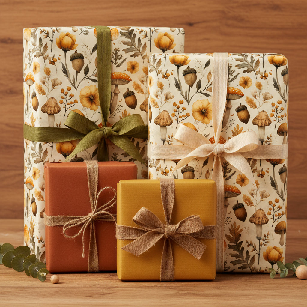 Rustic autumn gift wrap with floral, mushroom, and acorn pattern, tied with olive, cream, and burlap ribbons.