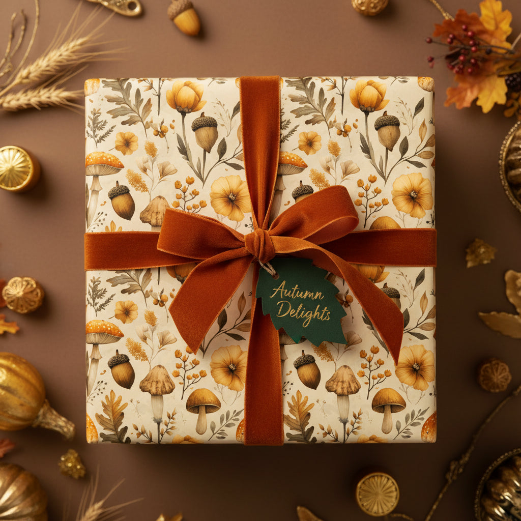 Autumn floral gift wrap with orange velvet ribbon bow and an "Autumn Delights" tag.