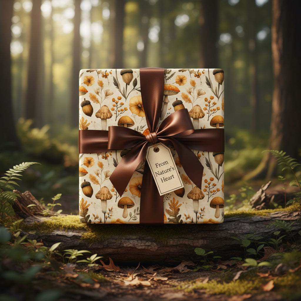 Woodland-themed gift wrap with mushrooms, flowers, acorns, brown ribbon, and a "From Nature's Heart" tag.