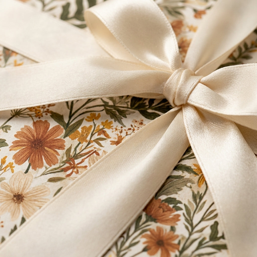 Vintage floral wrapping paper with an elegant cream satin ribbon by Wrapped Studios.