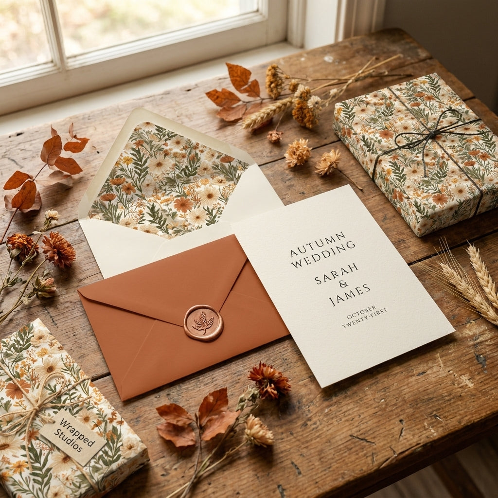 Autumn floral wrapping paper and rustic wedding invitation set on wooden table, by Wrapped Studios.