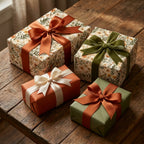 Vintage floral wrapping paper and rustic gift wrap with velvet ribbons by Wrapped Studios.