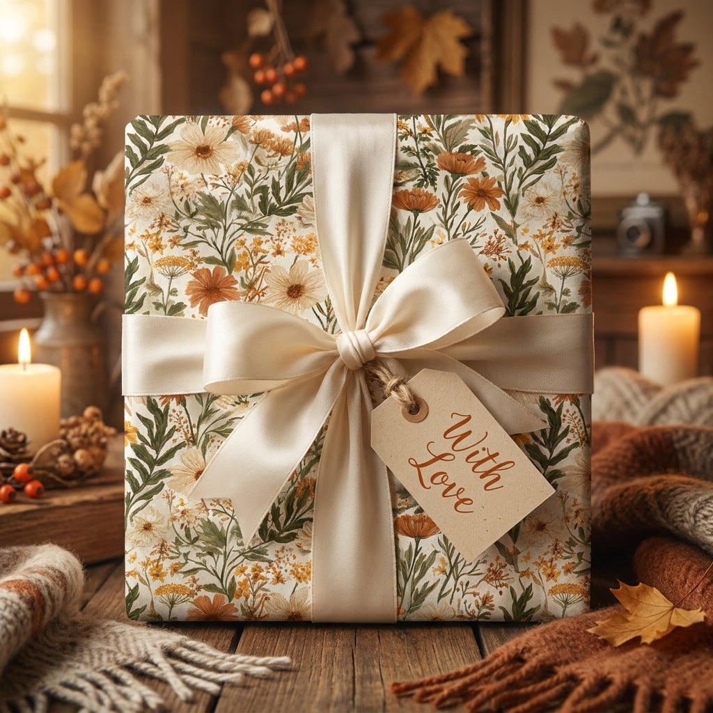 Vintage floral wrapping paper with a cream satin bow and 'With Love' gift tag by Wrapped Studios.