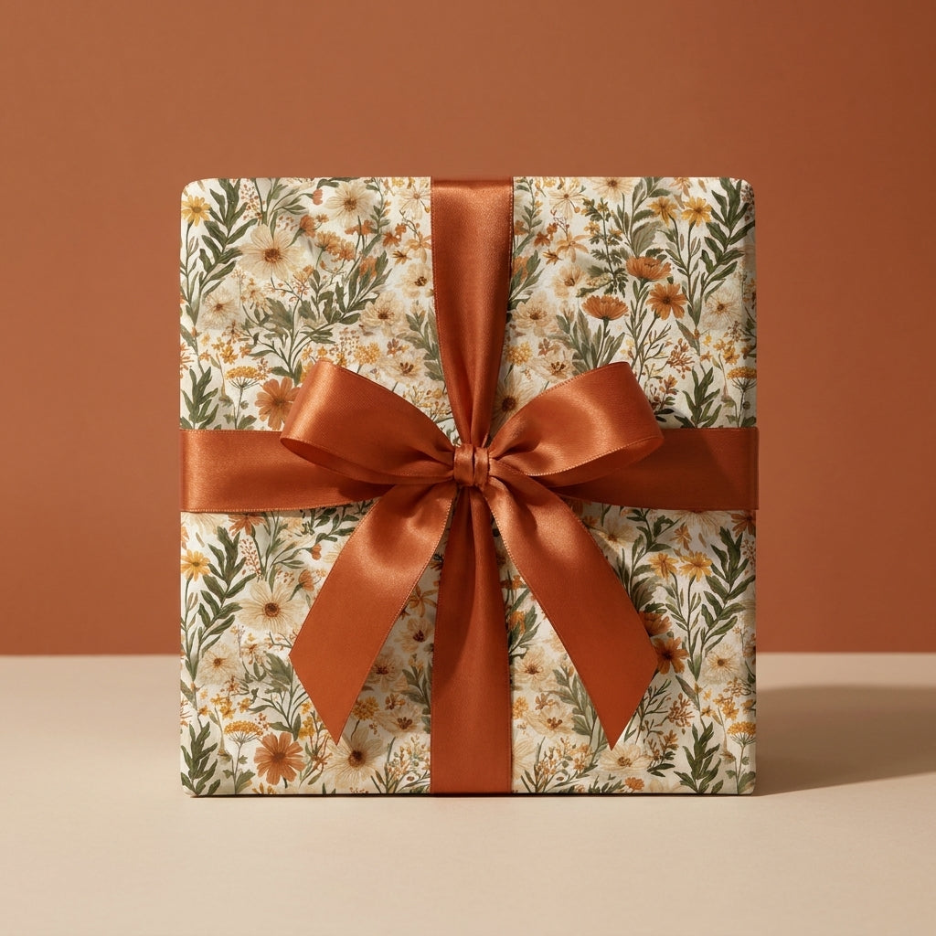 Vintage wildflower wrapping paper with a terracotta satin bow on a gift box, by Wrapped Studios.