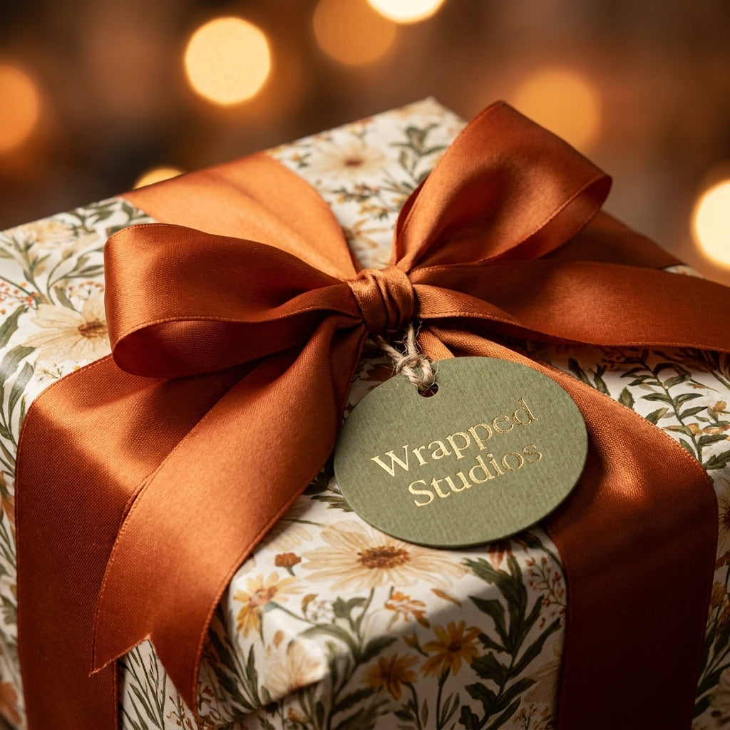 Vintage floral wrapping paper with a burnt orange satin bow and a Wrapped Studios green gift tag.