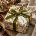 Vintage floral wrapping paper with a green velvet bow on a rustic gift box by Wrapped Studios.