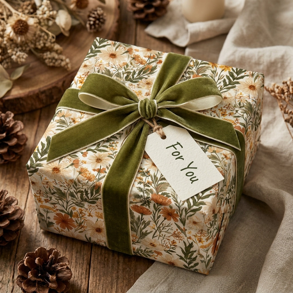 Vintage floral wrapping paper with a green velvet bow on a rustic gift box by Wrapped Studios.