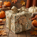 Autumn floral wrapping paper by Wrapped Studios on a Thanksgiving gift box surrounded by pumpkins.
