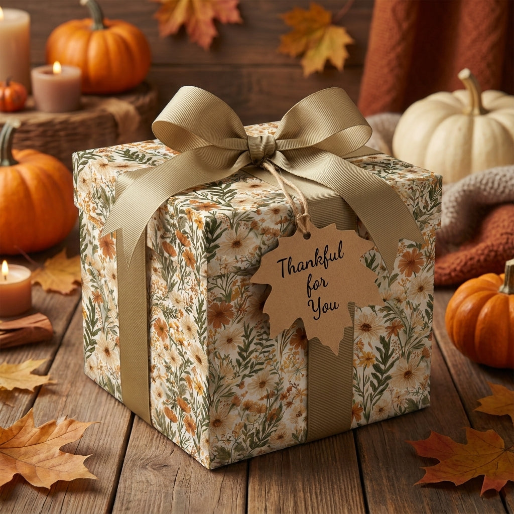 Autumn floral wrapping paper by Wrapped Studios on a Thanksgiving gift box surrounded by pumpkins.