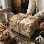 Vintage wildflower floral wrapping paper with twine bow on a cozy rustic table by Wrapped Studios.