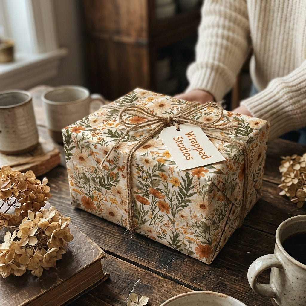 Vintage wildflower floral wrapping paper with twine bow on a cozy rustic table by Wrapped Studios.