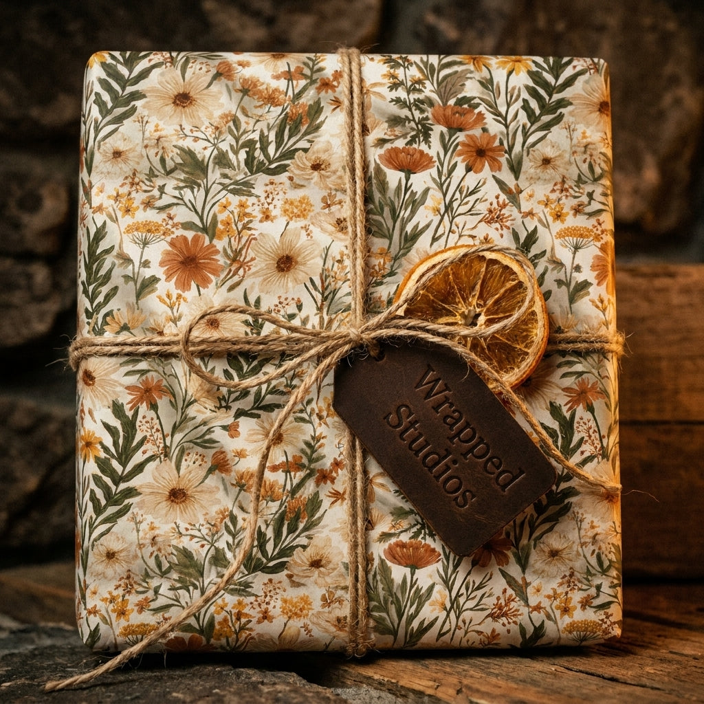 Rustic vintage floral wrapping paper tied with twine and a dried orange slice, by Wrapped Studios.