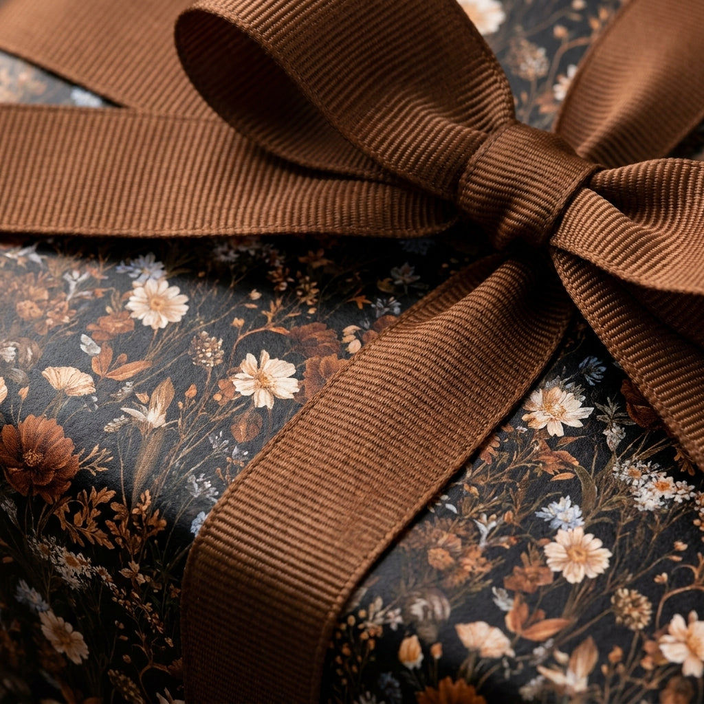 Moody vintage floral wrapping paper with a rustic brown ribbon bow by Wrapped Studios.